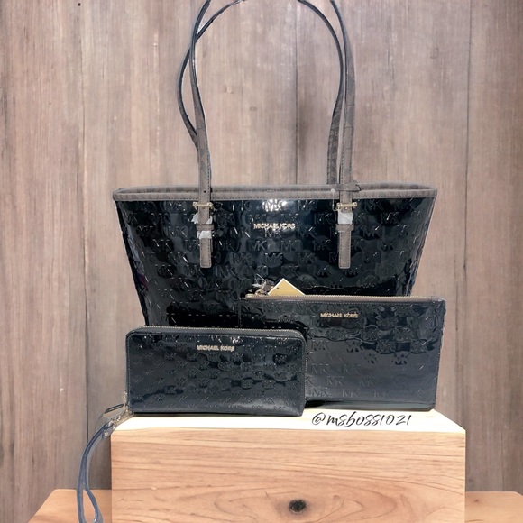 Michael Kors Black Patent Leather & Brown Monogram Lining Tote+Wallet+Wristlet